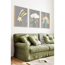 KutuTR Ahşap Çerçeveli 2d Uv Baskı 3'lü Tablo Set–pastel Gökkuşağı, Bulut Parlayan Yıldız Temalı- CRV1373