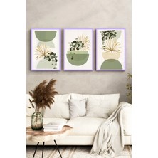 KutuTR Lila Renk Ahşap Çerçeveli 2duv Baskı 3’lü Mdf Tablo–minimal Bitki ve Geometrik Vazo-Lila CRV1153