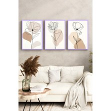 KutuTR Lila Renk Ahşap Çerçeveli 2duv Baskı 3’lü Mdf Tablo–minimal Çizgisel Çiçek Desenli-Lila CRV1118