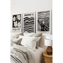 KutuTR Beyaz Çerçeveli 2d Uv Baskı 3’lü Mdf Tablo–bauhaus ve Siyah Beyaz Sanat-Beyaz CRV1152