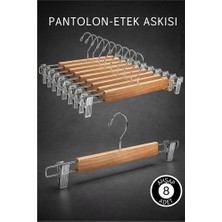 Eco Lounge 8 Adet Ahşap Pantolon Etek Askısı - Ayarlanabilir Gümüş Mandallı 36CM Organizer Set 719305