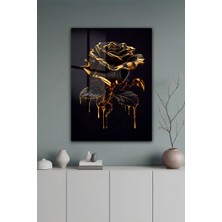 KutuTR Siyah Zemin Gold Detaylı Damla Efektli Gül Temperli Cam Tablo 50X70 cm 2d Uv Baskı - YCT058