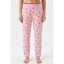 Hadiora Kadın Pembe Çizgili Kalp Desenli Bambu Pijama Alt
