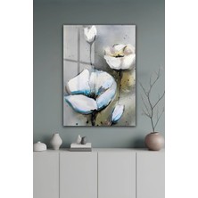 KutuTR Gri Zeminli Beyaz Floral Temperli Cam Tablo 2d Uv Baskı - YCT447