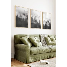KutuTR Ahşap Çerçeveli 2d Uv Baskı 3'lü Tablo Set–sisli Çam Ormanı ve Kuşlar Temalı - CRV1340