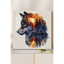 KutuTR 3D Görünümlü Temperli Cam Tablo – Kurt ve Orman Temalı Uv Baskı 33X33 CM-CTK078
