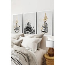 KutuTR Beyaz Çerçeveli 2d Uv Baskı 3’lü Mdf Tablo–islami Hat ve Kabe Temalı 2d Uv Baskı-Beyaz CRV1189