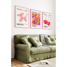 KutuTR Pembe Renkli Ahşap Çerçeveli 2duv Baskı 3’lü Mdf Tablo–pop Art Kiraz Temalı-Pembe CRV1165