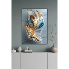 KutuTR Mavi ve Altın Tüy Desenli Temperli Cam Tablo 50X70 cm 2d Uv Baskı - YCT051