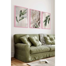 KutuTR Pembe Renkli Ahşap Çerçeveli 2duv Baskı 3’lü Mdf Tablo-Beyaz Şakayık Çiçeği-Pembe CRV1034