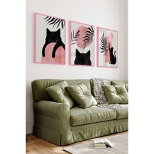 KutuTR Pembe Renkli Ahşap Çerçeveli 2duv Baskı 3’lü Mdf Tablo-Siyah Kedi Figürlü-Pembe CRV1035