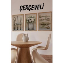 KutuTR 🌸 Mutfak Gereçleri ve Çiçek Temalı 3’lü Çerçeveli Dekoratif Tablo Seti 🌸 CRV1063