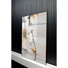 KutuTR Yağlı Boya Gold Detaylı Beyaz Çiçek Tasarımlı Temperli Cam Tablo 50X70 cm 2d Uv Baskı - YCT240