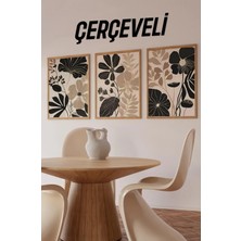 KutuTR 🖼️ Siyah ve Bej Çiçek Desenli Modern 3’lü Mdf Tablo Seti CRV1065