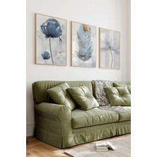 KutuTR 💙 Modern Çiçek ve Tüy Temalı 3’lü Çerçeveli Tablo Seti | Uv Baskılı CRV1055