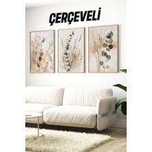 KutuTR 3’lü Mdf Tablo Seti – Bej Tonlarda Minimal Botanik ve Okaliptüs – 2d Uv Baskı Duvar Dekoru - CRV1245