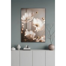 KutuTR Gold Detaylı Inci Işıltılı Beyaz Çiçek Tasarımlı Temperli Cam Tablo 2d Uv Baskı - YCT361