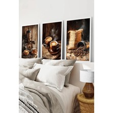 KutuTR Beyaz Çerçeveli 2d Uv Baskı 3’lü Mdf Tablo Set – Kahvemakinası Temalı - Beyaz CRV1002