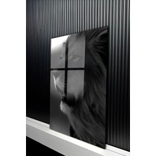 KutuTR Siyah Beyaz Profil Detaylı Görkemli Aslan Portresi Temperli Cam Tablo 50X70 cm 2d Uv Baskı - YCT218