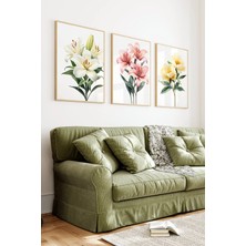 KutuTR Ahşap Çerçeveli 2d Uv Baskı 3'lü Tablo Set–lilyum Çiçeği Temal- CRV1351