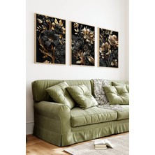 KutuTR Ahşap Çerçeveli 2d Uv Baskı 3'lü Tablo Set–siyah Zeminli Gold Detaylı Çiçek Desenli- CRV1264