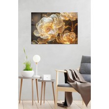 KutuTR Altın Işıltılı Beyaz Çiçekler Temalı Temperli Cam Tablo 50X70 cm 2d Uv Baskı - YCT017