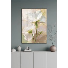 KutuTR Soft Pastel Ton Yağlı Boya Doku Beyaz Çiçek Tasarım Temperli Cam Tablo 2d Uv Baskı - YCT359