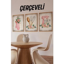 KutuTR 🌸 Pembe Çiçekli Vintage Mutfak Temalı 3’lü Tablo Seti – Çerçeveli, Uv Baskılı CRV1049