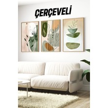 KutuTR 🌿 Modern Yeşil Tonlarında Soyut Bitkiler 3'lü Çerçeveli Tablo Seti CRV1043