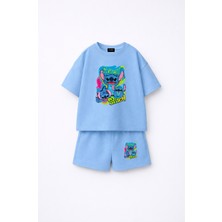 Fasardi Stitch Baskılı Oversize %100 Pamuk Tişört Şort Çocuk 2li Takım