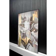 KutuTR Yağlı Boya Gold Detaylı Soyut Çiçek Tasarımlı Temperli Cam Tablo 50X70 cm 2d Uv Baskı - YCT228