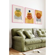 KutuTR Pembe Renkli Ahşap Çerçeveli 2duv Baskı 3’lü Mdf Tablo–güneş ve Yarım Daire Formlu-Pembe CRV1180