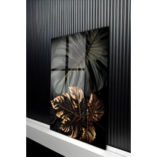KutuTR Siyah Zemin Gold Detaylı Tropikal Yaprak Desenli Temperli Cam Tablo 50X70 cm 2d Uv Baskı - YCT237