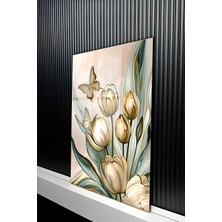 KutuTR Kelebek Detaylı Beyaz Lale Kompozisyonutemperli Cam Tablo 50X70 cm 2d Uv Baskı - YCT146