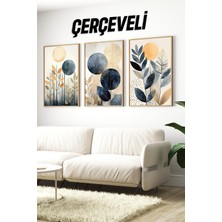 KutuTR Geometrik Lacivert ve Sarı Bitkiler Temalı 3’lü Ahşap Çerçeveli Uv Baskı Mdf Tablo Seti CRV1044