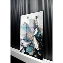 KutuTR Turkuaz ve Gold Detaylı Soyut Çiçek Desenli Temperli Cam Tablo 50X70 cm 2d Uv Baskı - YCT201