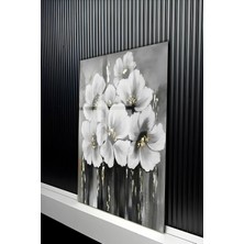 KutuTR Gri Siyah Temalı Gold Işıltılı Beyaz Çiçek Desenli Temperli Cam Tablo 50X70 cm 2d Uv Baskı - YCT209