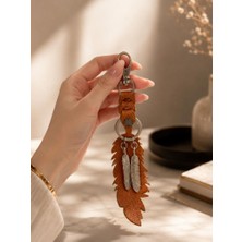 Hakiki Deri Yaprak Anahtarlık Karabinalı Araba Anahtarı Çanta Askısı Metal Tüy Detaylı Bohem Anahtarlık Unisex 21.5 cm