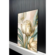 KutuTR Altın Vurgulu Beyaz Lale ve Yaprak Kompozisyonu Temperli Cam Tablo 50X70 cm 2d Uv Baskı - YCT145