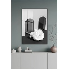 KutuTR Siyah Beyaz Minimalist Kemer ve Gül Detaylı Temperli Cam Tablo 2d Uv Baskı - YCT482