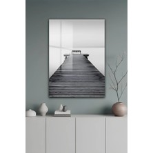 KutuTR Modern Siyah Beyaz Iskele ve Deniz Manzaralı Temperli Cam Tablo 2d Uv Baskı - YCT384
