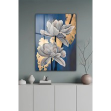 KutuTR Lacivert Zeminli Gri Çiçek ve Altın Varak Detaylı Modern Temperli Cam Tablo 2d Uv Baskı - YCT649