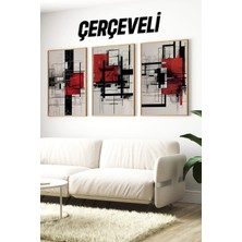 KutuTR 3’lü Mdf Tablo Seti – Kırmızı Siyah Soyut Geometrik Desen – 2d Uv Baskı Duvar Dekoru - CRV1244