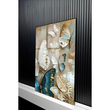 KutuTR Altın Detaylı Turkuaz ve Beyaz Kelebek Temalı Temperli Cam Tablo 50X70 cm 2d Uv Baskı - YCT266