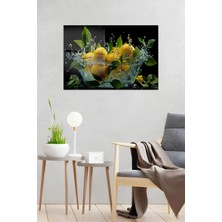 KutuTR Limon ve Yeşil Yapraklı Su Sıçramalı Temperli Cam Tablo 50X70 cm 2d Uv Baskı - YCT011