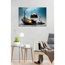 KutuTR Mavi Tonlarda Soyut Cam Küre ve Ağaç Detaylı Temperli Cam Tablo 50X70 cm 2d Uv Baskı - YCT050