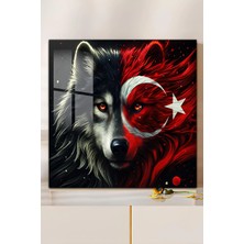 KutuTR 3D Görünümlü 2d Uv Baskı Temperli Cam Tablo–bozkurt ve Türk Bayrağı Temalı 33X33CM-CTK1169