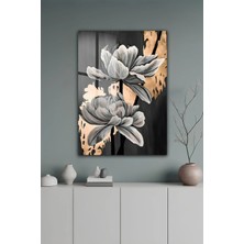 KutuTR Modern Siyah Beyaz Çiçek Tasarımlı Temperli Cam Tablo 2d Uv Baskı - YCT445