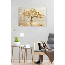 KutuTR Altın Işıltılı Beyaz Yapraklı Ağaç Temalı Temperli Cam Tablo 50X70 cm 2d Uv Baskı - YCT008
