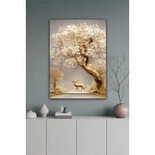 KutuTR Beyaz Çiçekli Ağaç ve Geyik Temalı Temperli Cam Tablo 50X70 cm 2d Uv Baskı - YCT077